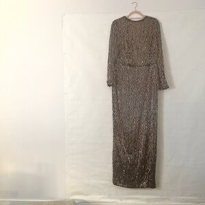 3xl, Long Sleeve Completely Beaded Bronze Shimmy Beads Fitted Stretch Gown